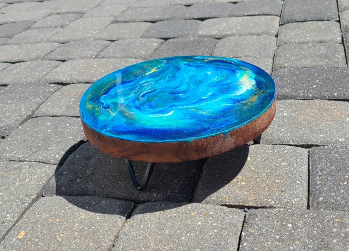 Display Stand or Trivet, Metal Legs, Blue and Gold Swirling Waters