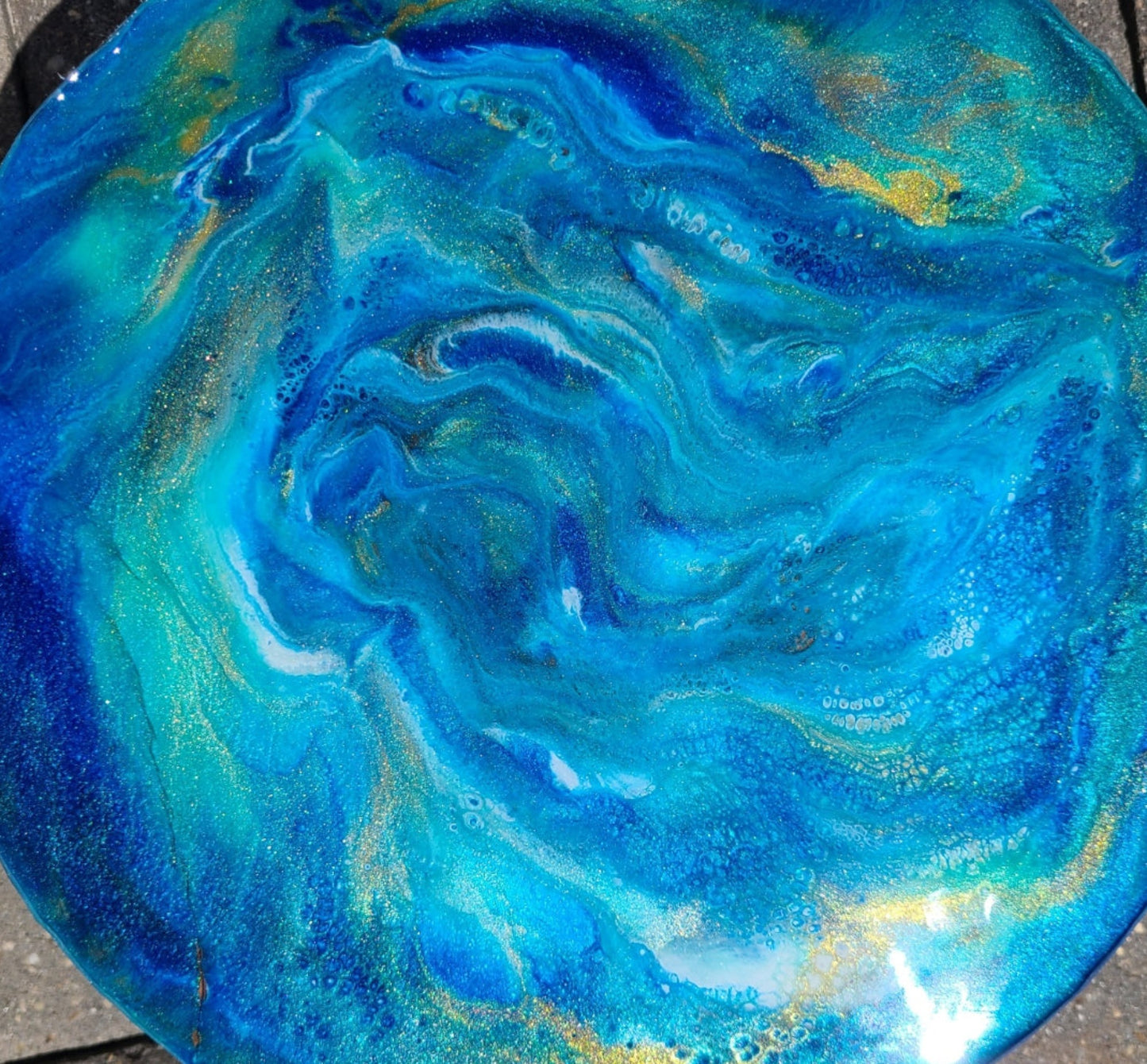 Display Stand or Trivet, Metal Legs, Blue and Gold Swirling Waters