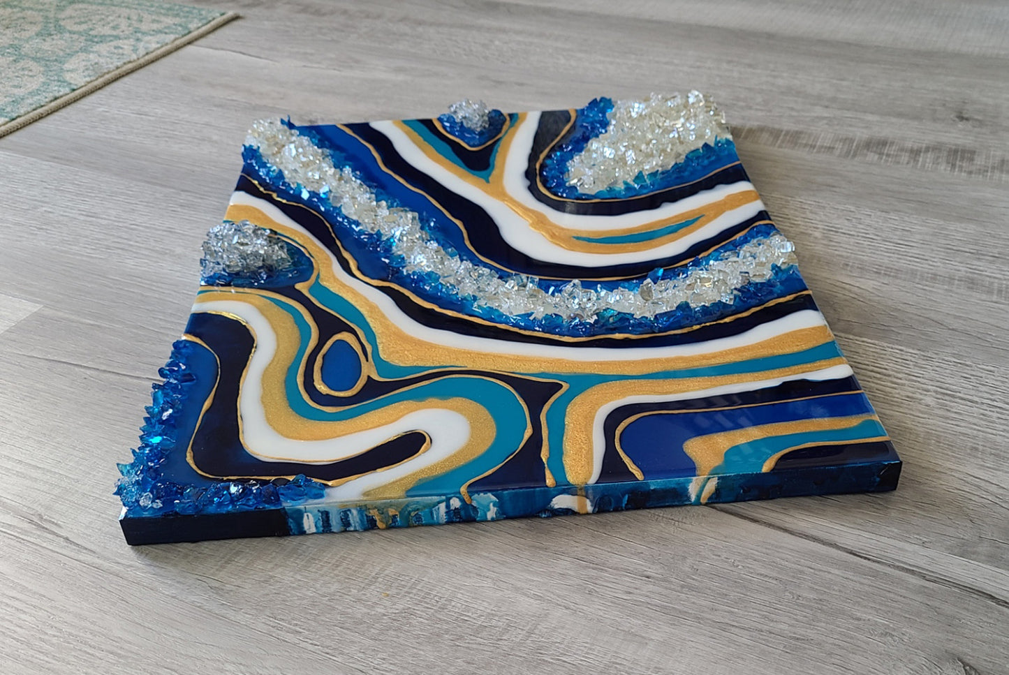 Blue and Gold Resin Geode Wall Art