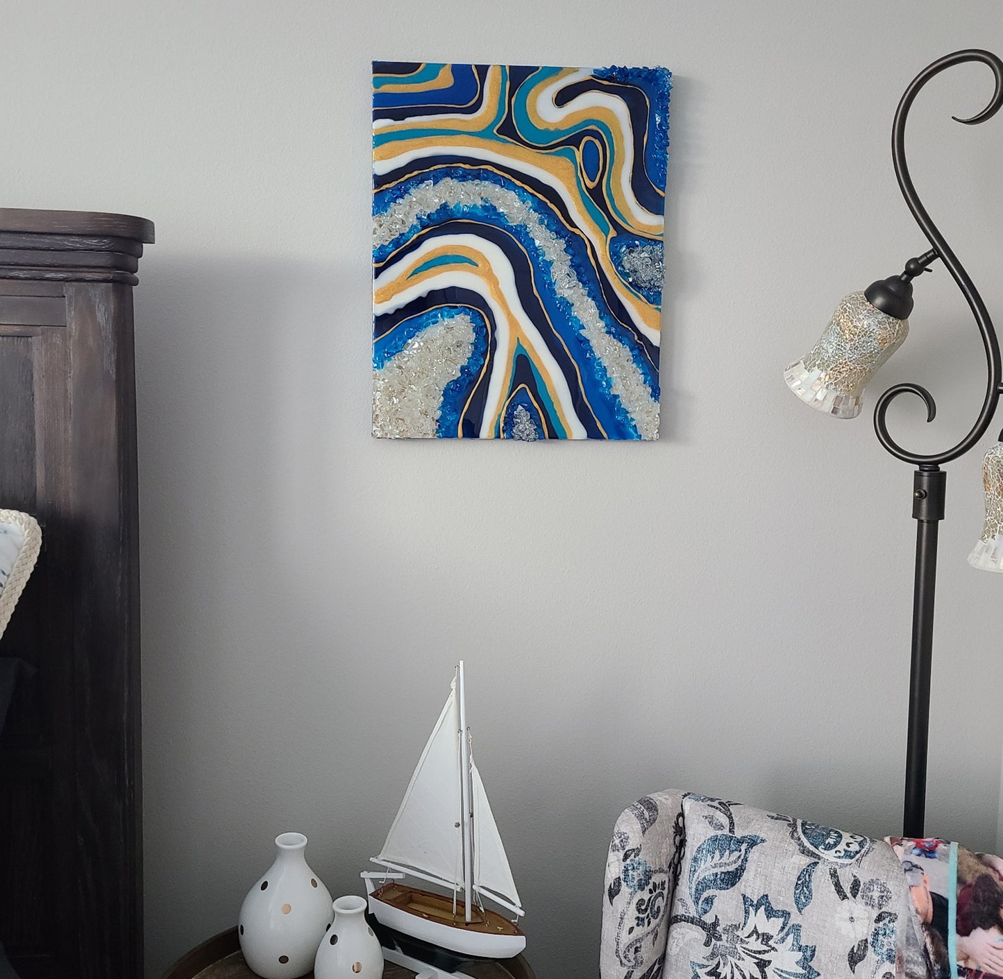 Blue and Gold Resin Geode Wall Art