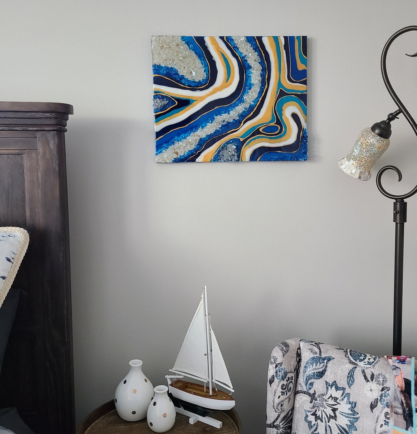 Blue and Gold Resin Geode Wall Art
