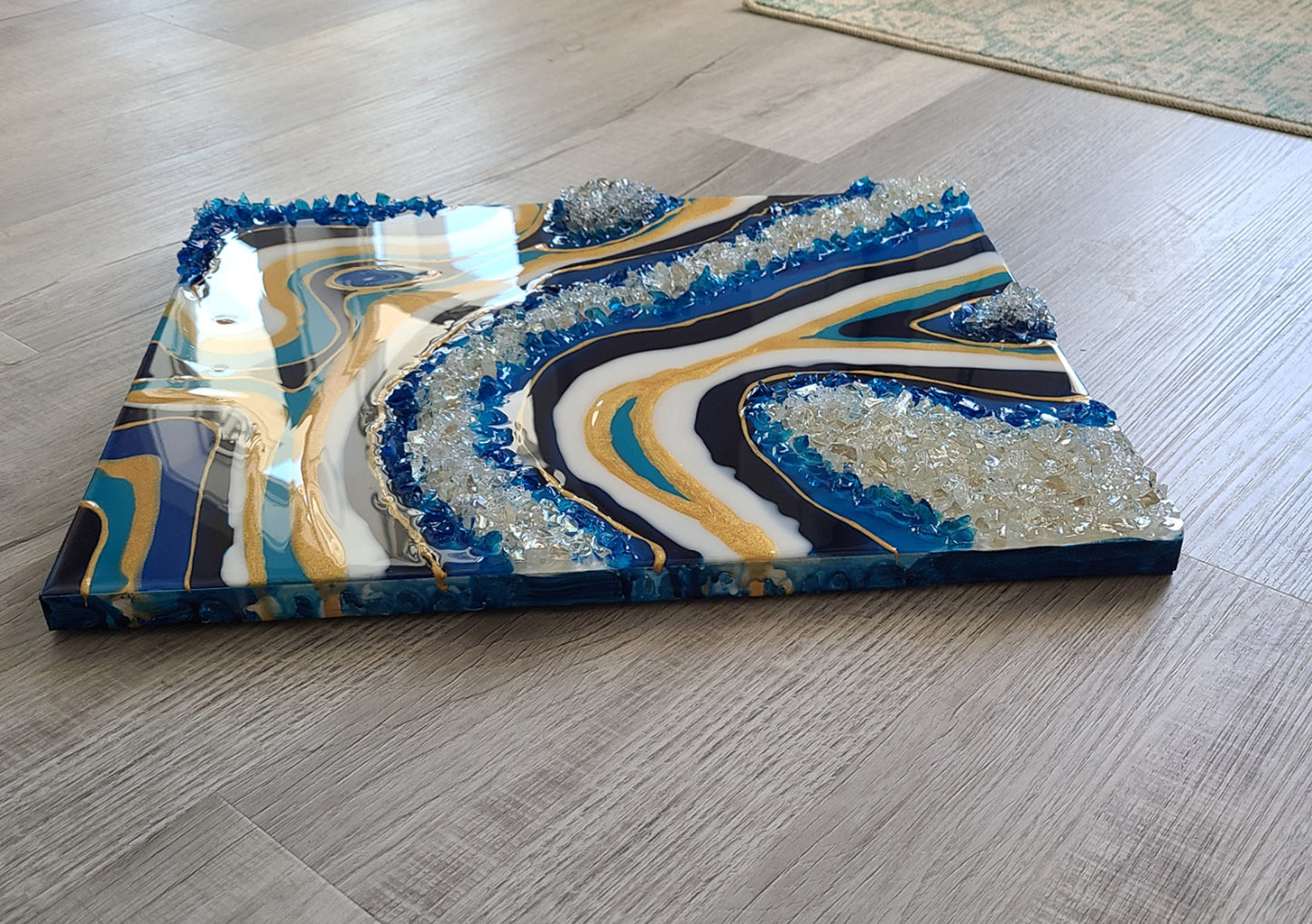 Blue and Gold Resin Geode Wall Art