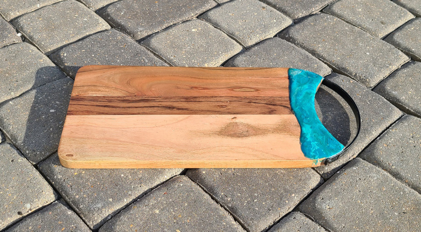 Teals, Green and Gold Swirl, Resin Accented Cutting Board, Metal Handle