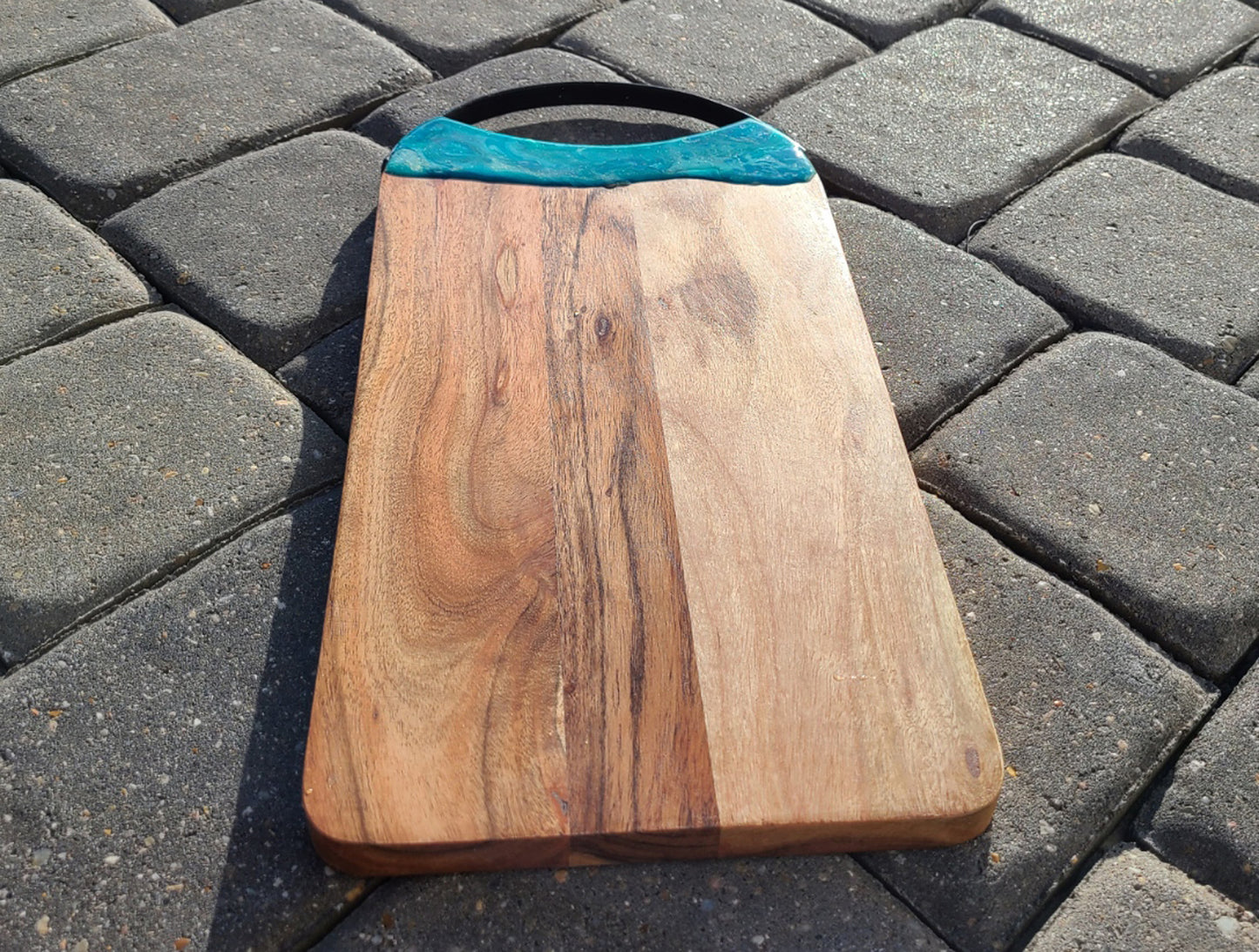 Teals, Green and Gold Swirl, Resin Accented Cutting Board, Metal Handle