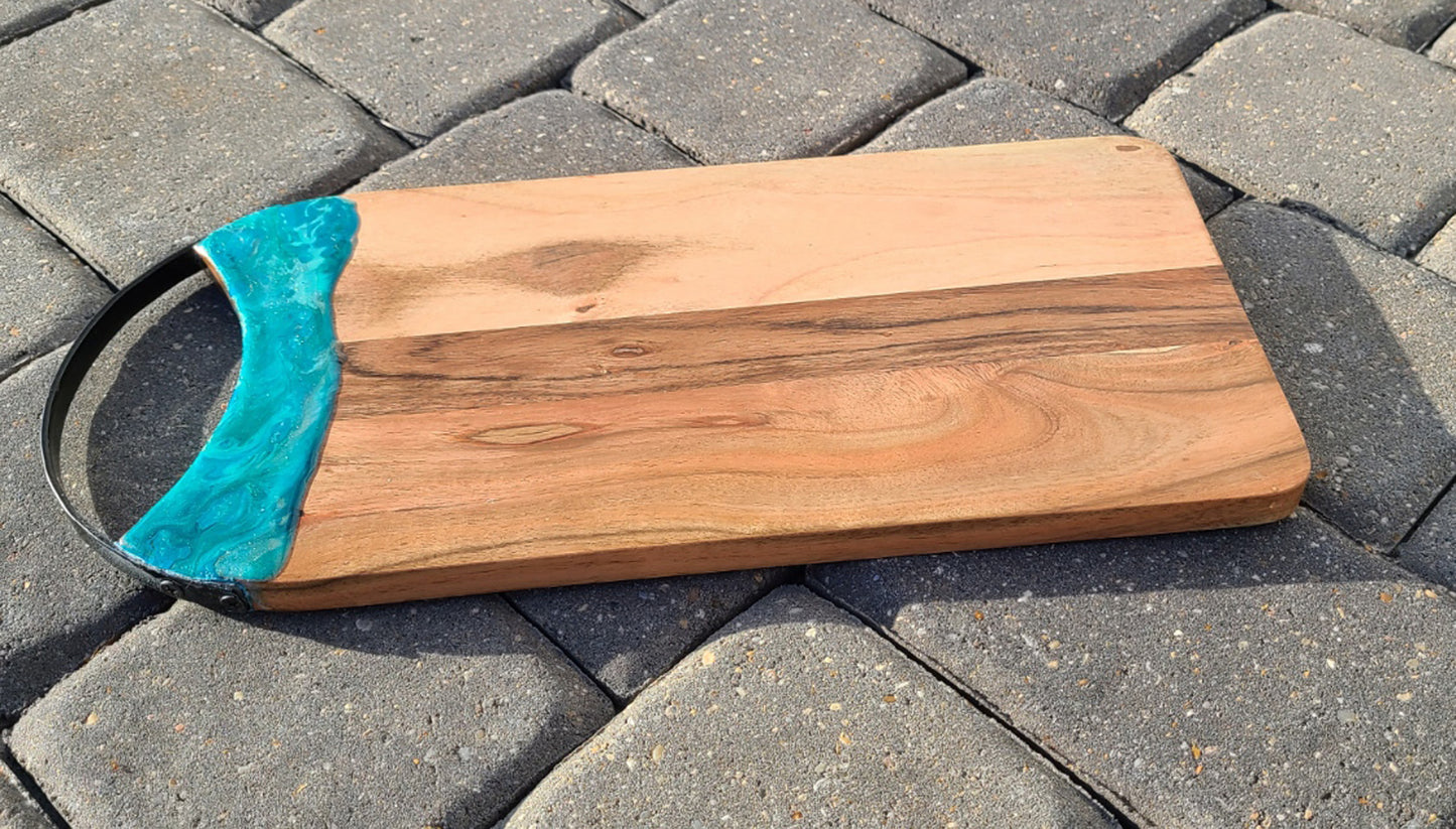 Teals, Green and Gold Swirl, Resin Accented Cutting Board, Metal Handle