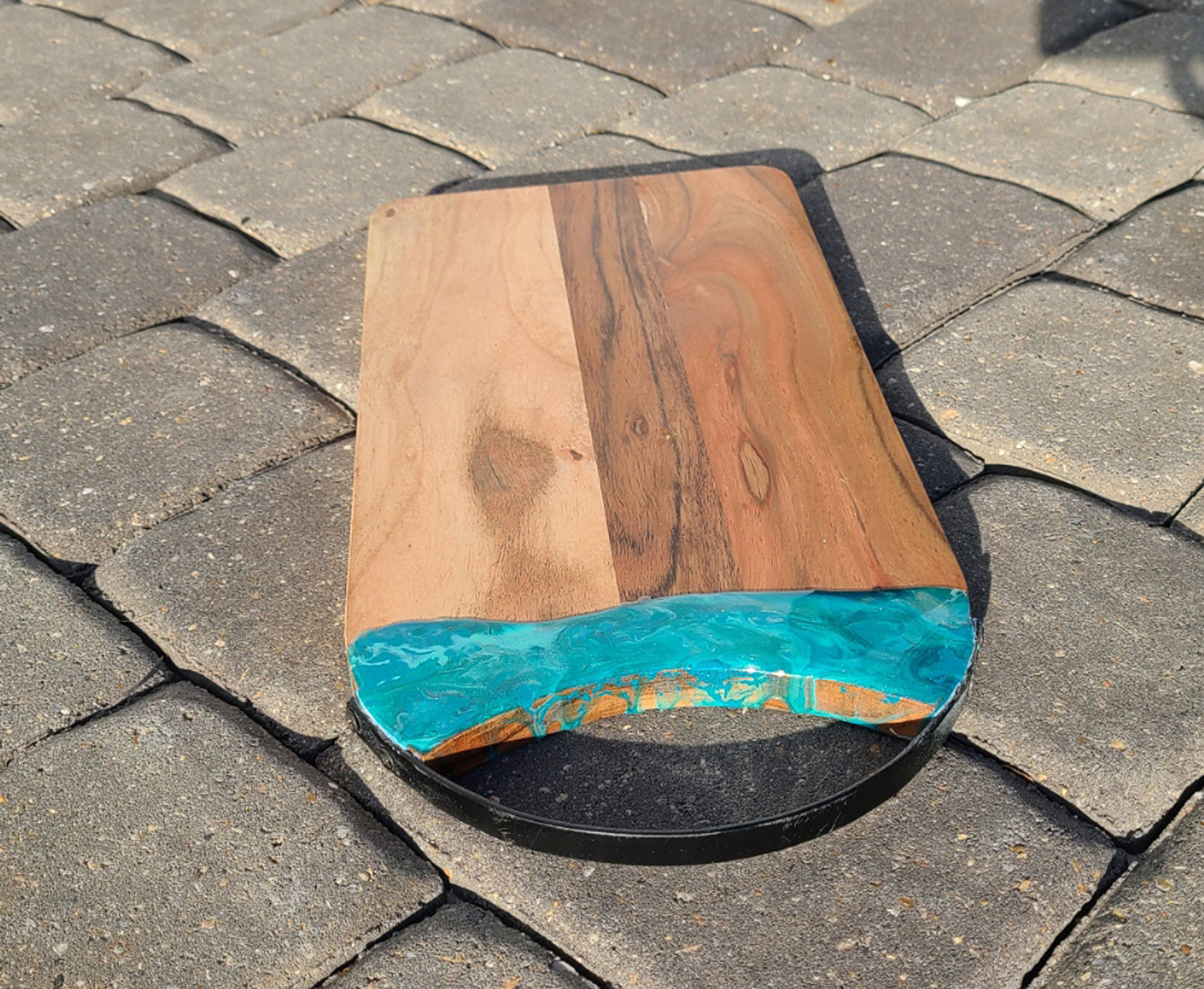 Teals, Green and Gold Swirl, Resin Accented Cutting Board, Metal Handle