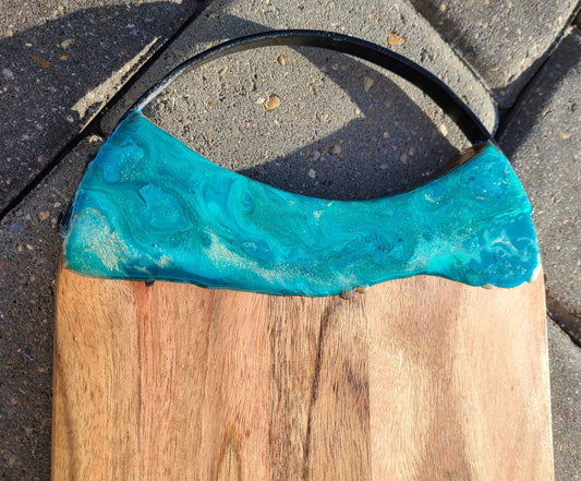 Teals, Green and Gold Swirl, Resin Accented Cutting Board, Metal Handle
