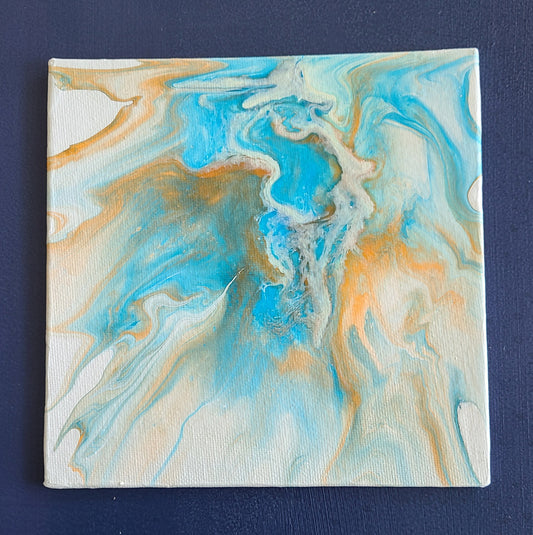 What do you see in this one? An Angel? Water flowing through a canyon? That's what I see, hence the name. Many people thought they saw an angel. Whatever you see, I hope you like it. Acrylic pour on a 6x6 Inch art panel. Comes with the easel shown, a gold twisted wire for tabletop use or you can frame it to hang on the wall. If you want it signed on the back, leave a message.