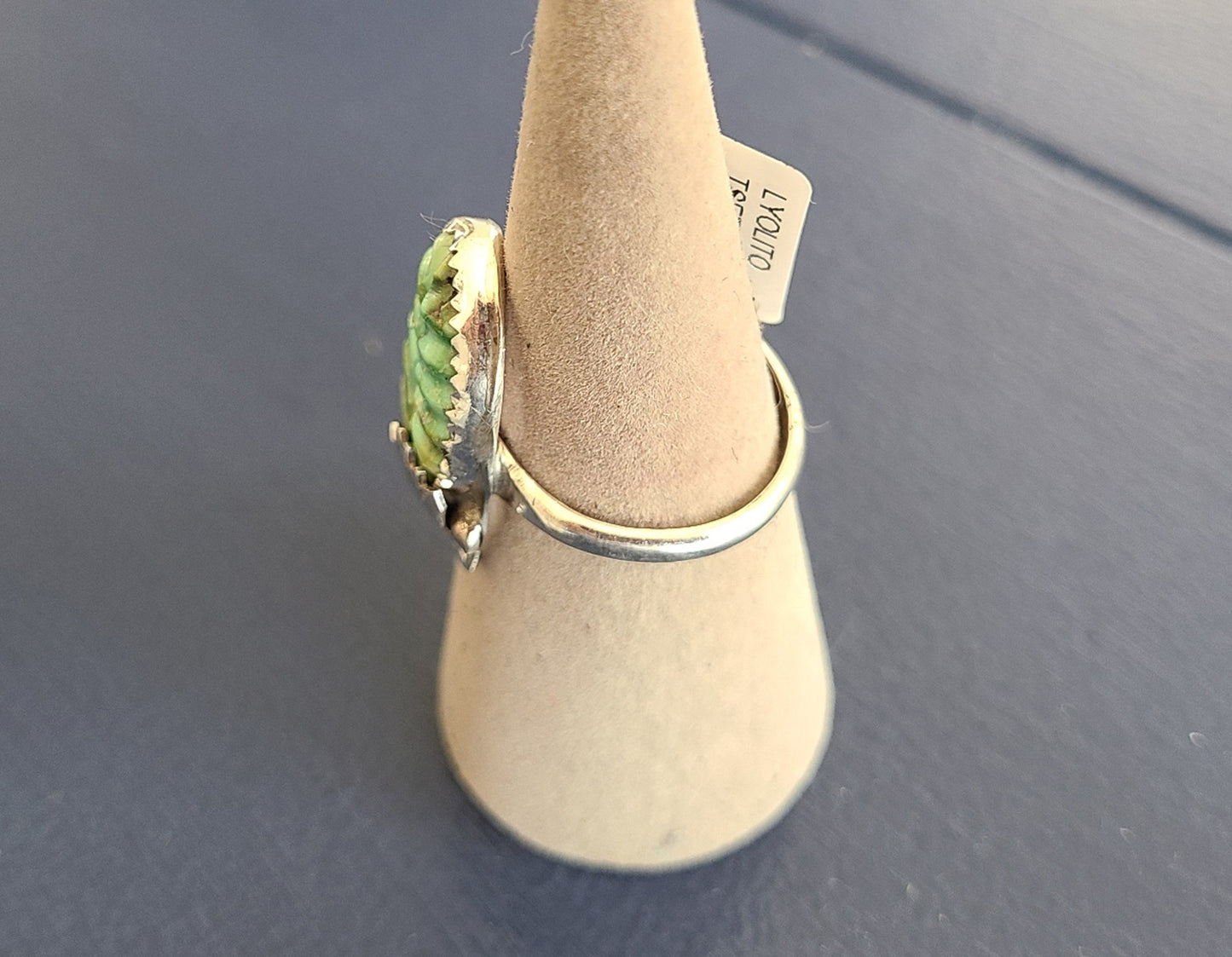 Sonoran Gold Turquoise Ring, Carved Leaf Design, Sterling Silver, Size 10