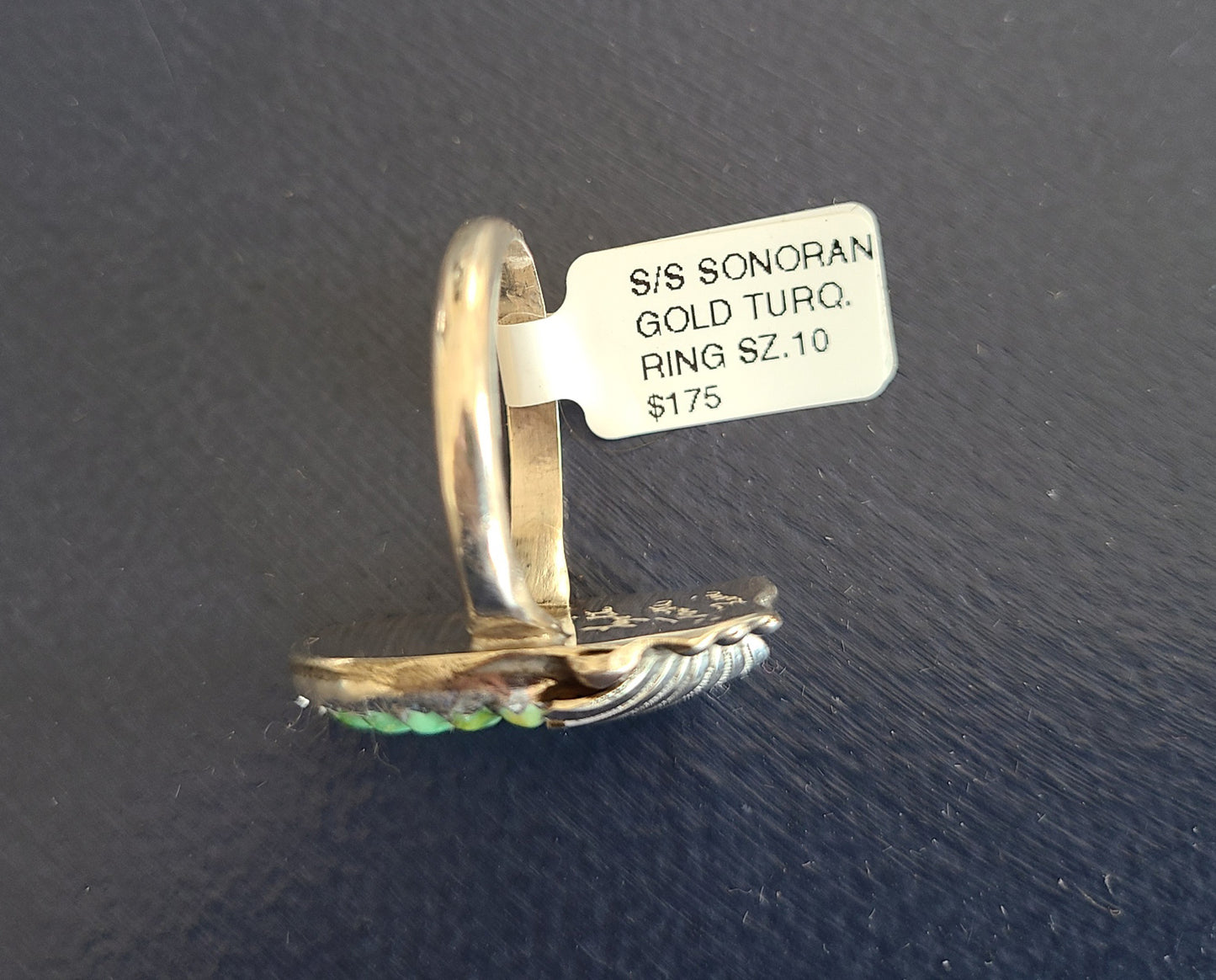 Sonoran Gold Turquoise Ring, Carved Leaf Design, Sterling Silver, Size 10