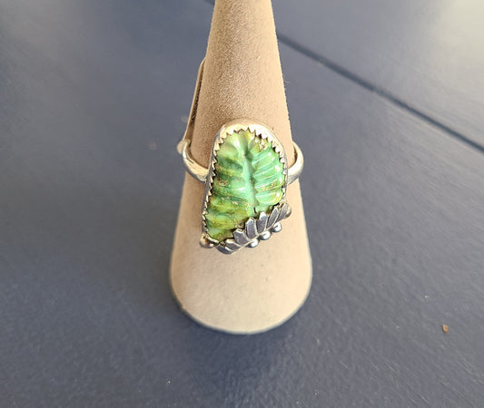 Sonoran Gold Turquoise Ring, Carved Leaf Design, Sterling Silver, Size 10