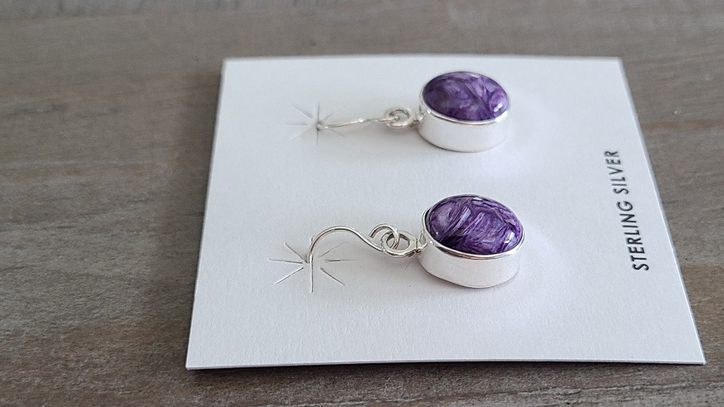 Charoite Earrings, Oval Stones, Lightweight