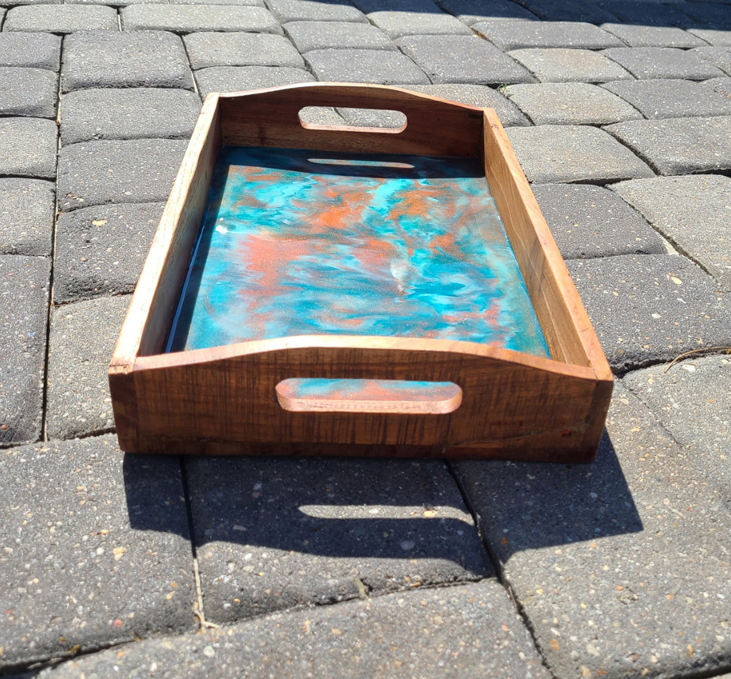Wood Tray With Handles, Copper and Teal Resin Swirls