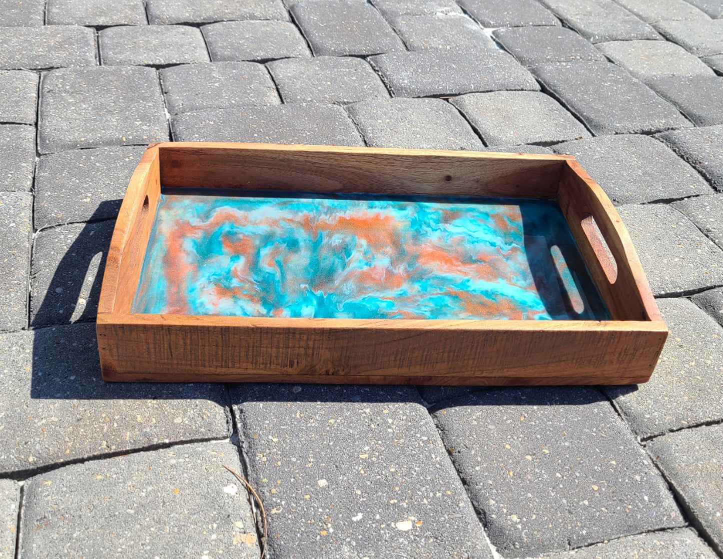 Wood Tray With Handles, Copper and Teal Resin Swirls