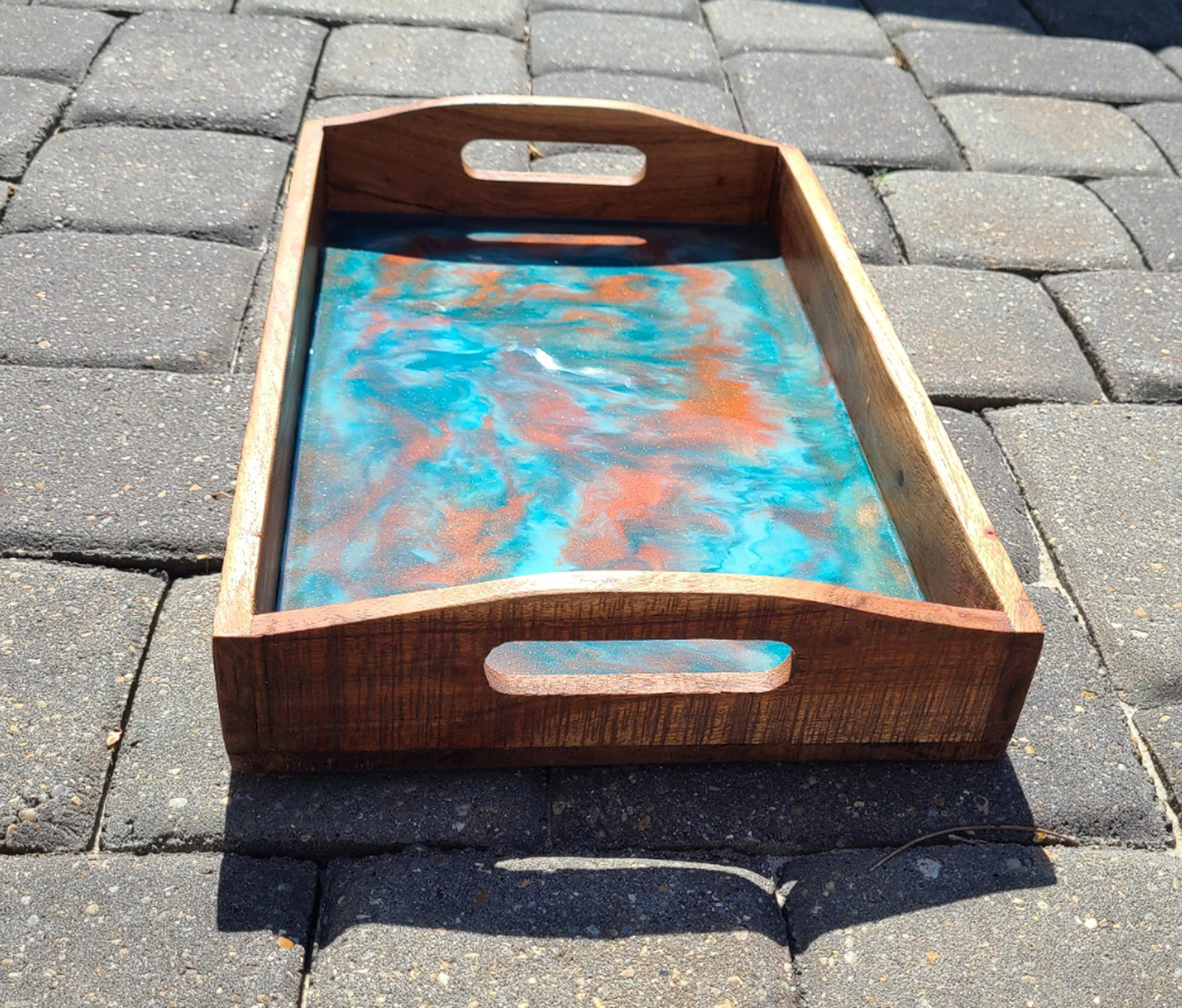 Wood Tray With Handles, Copper and Teal Resin Swirls