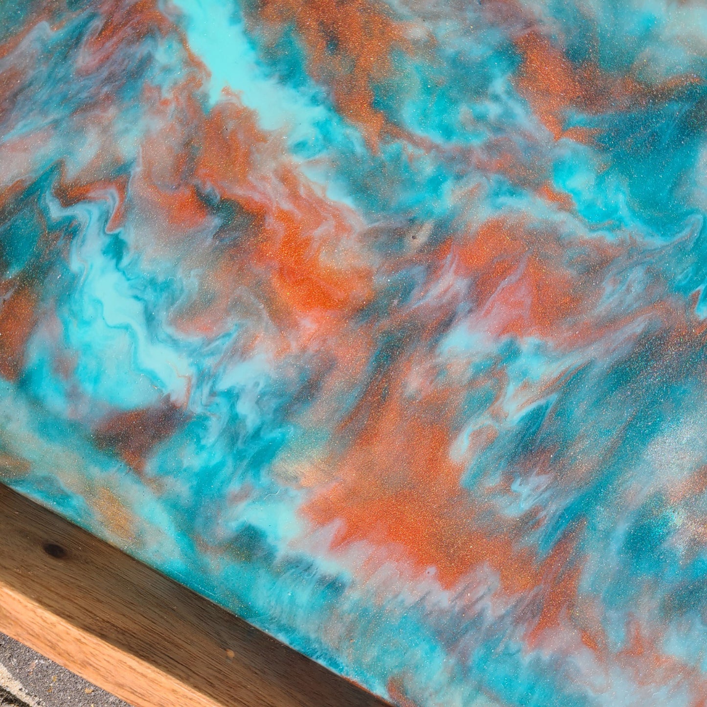 Wood Tray With Handles, Copper and Teal Resin Swirls