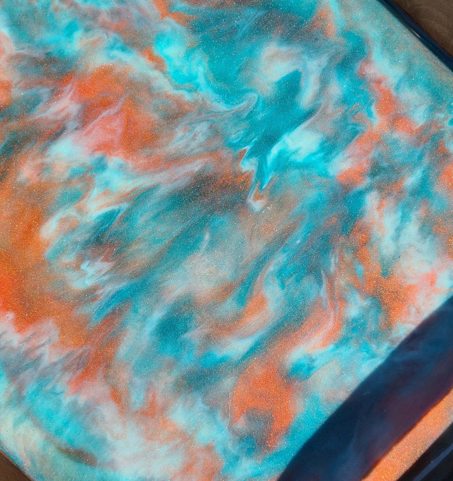 Wood Tray With Handles, Copper and Teal Resin Swirls