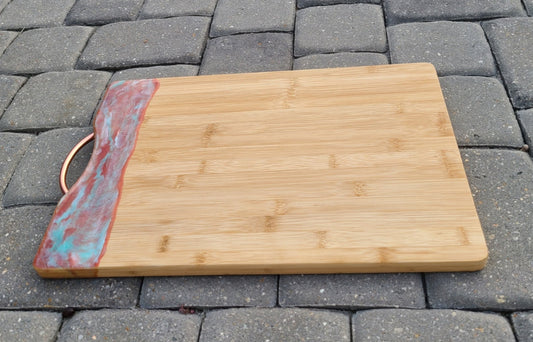 Bamboo Cutting Board With Copper Handle, Copper, Teal Resin