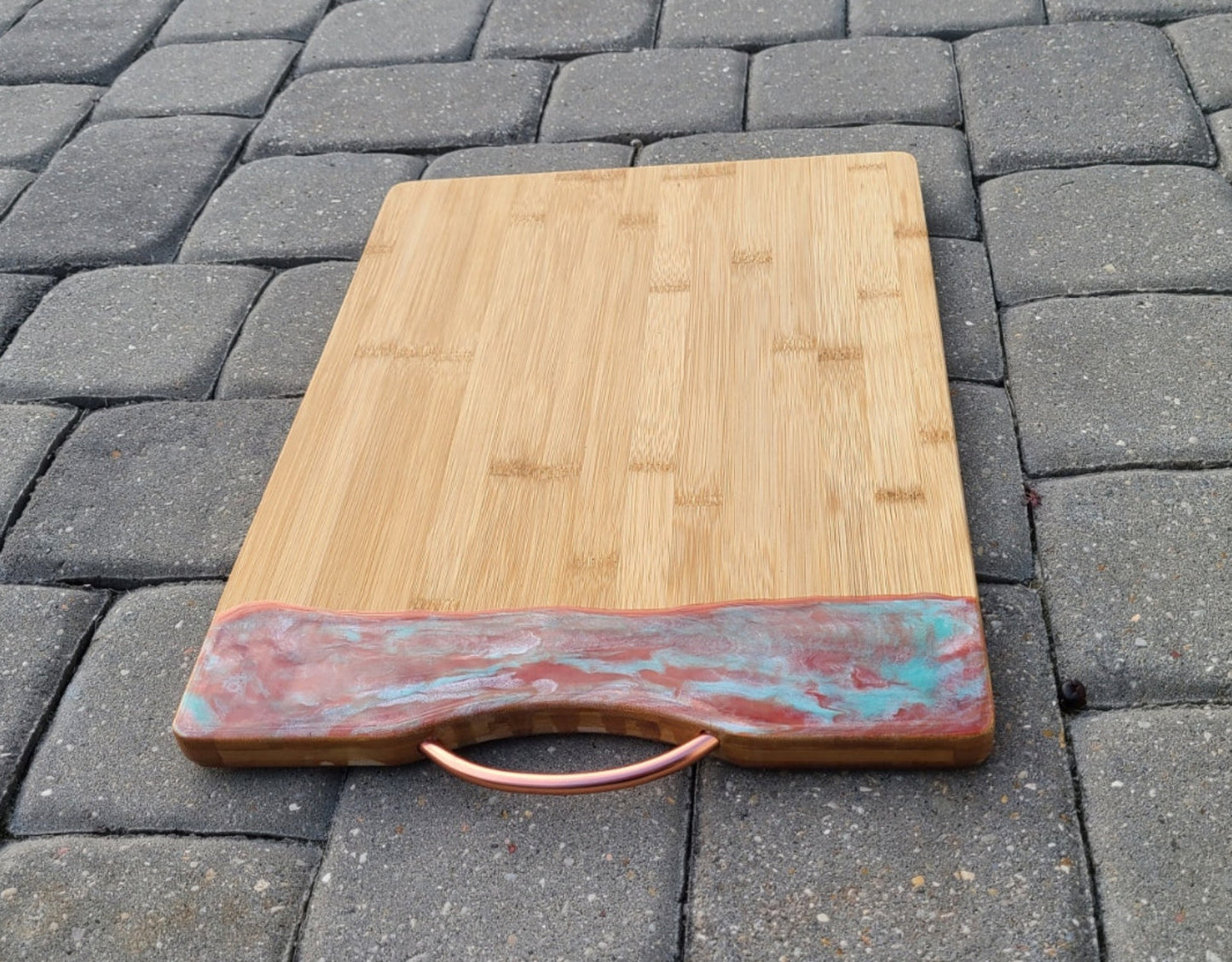 Bamboo Cutting Board With Copper Handle, Copper, Teal Resin