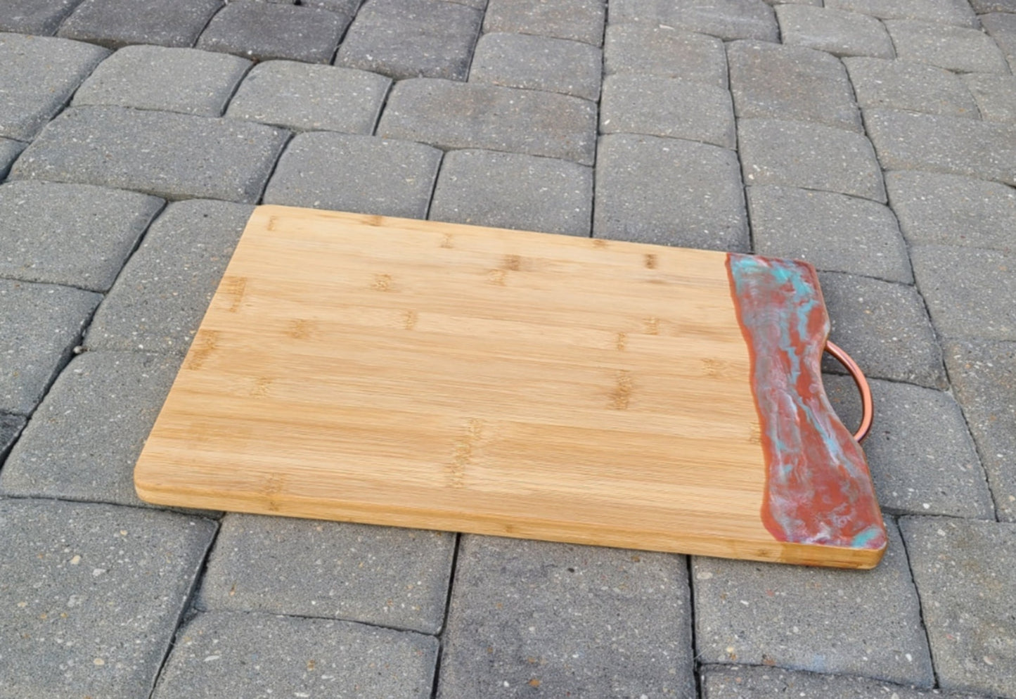 Bamboo Cutting Board With Copper Handle, Copper, Teal Resin