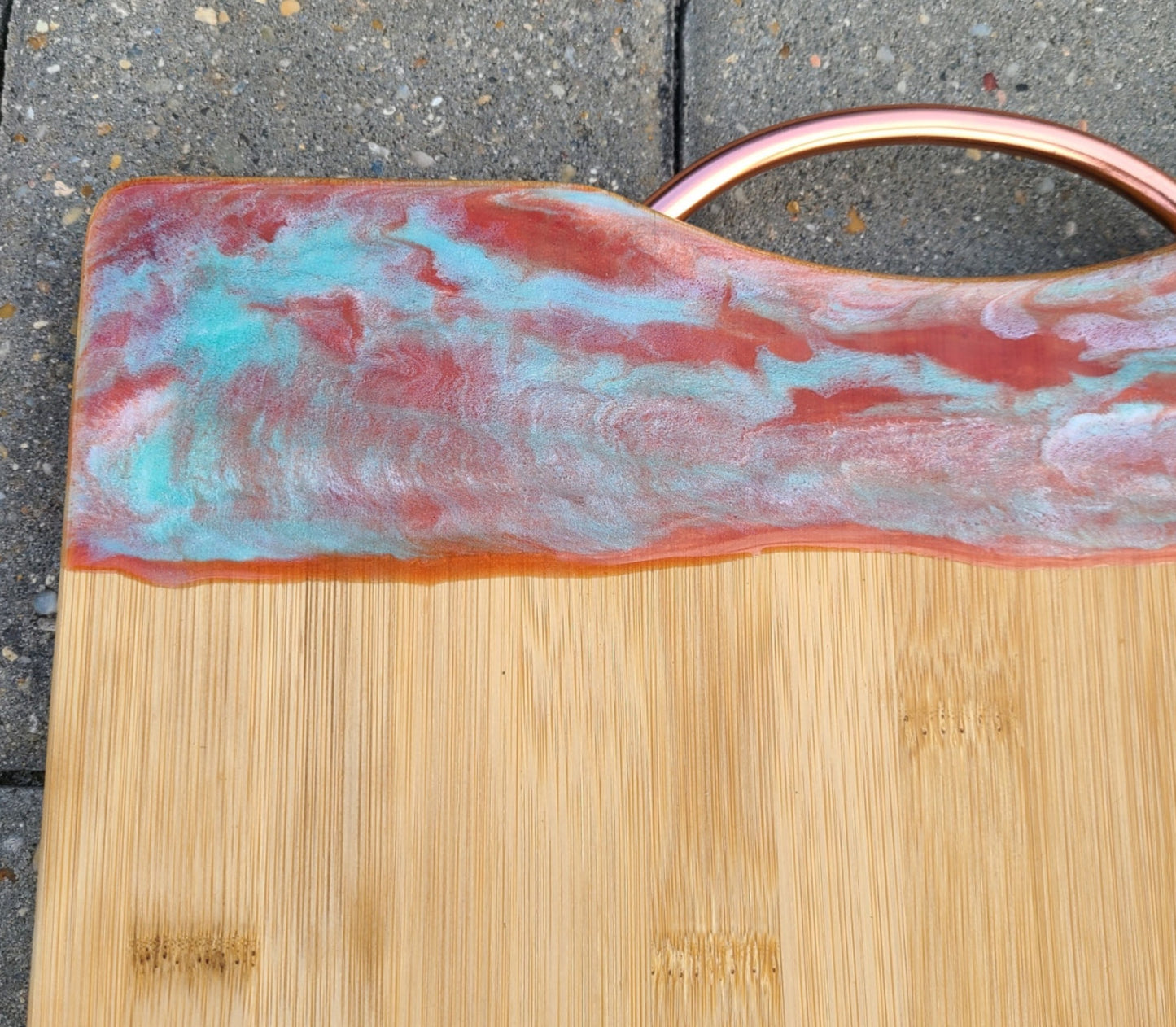 Bamboo Cutting Board With Copper Handle, Copper, Teal Resin