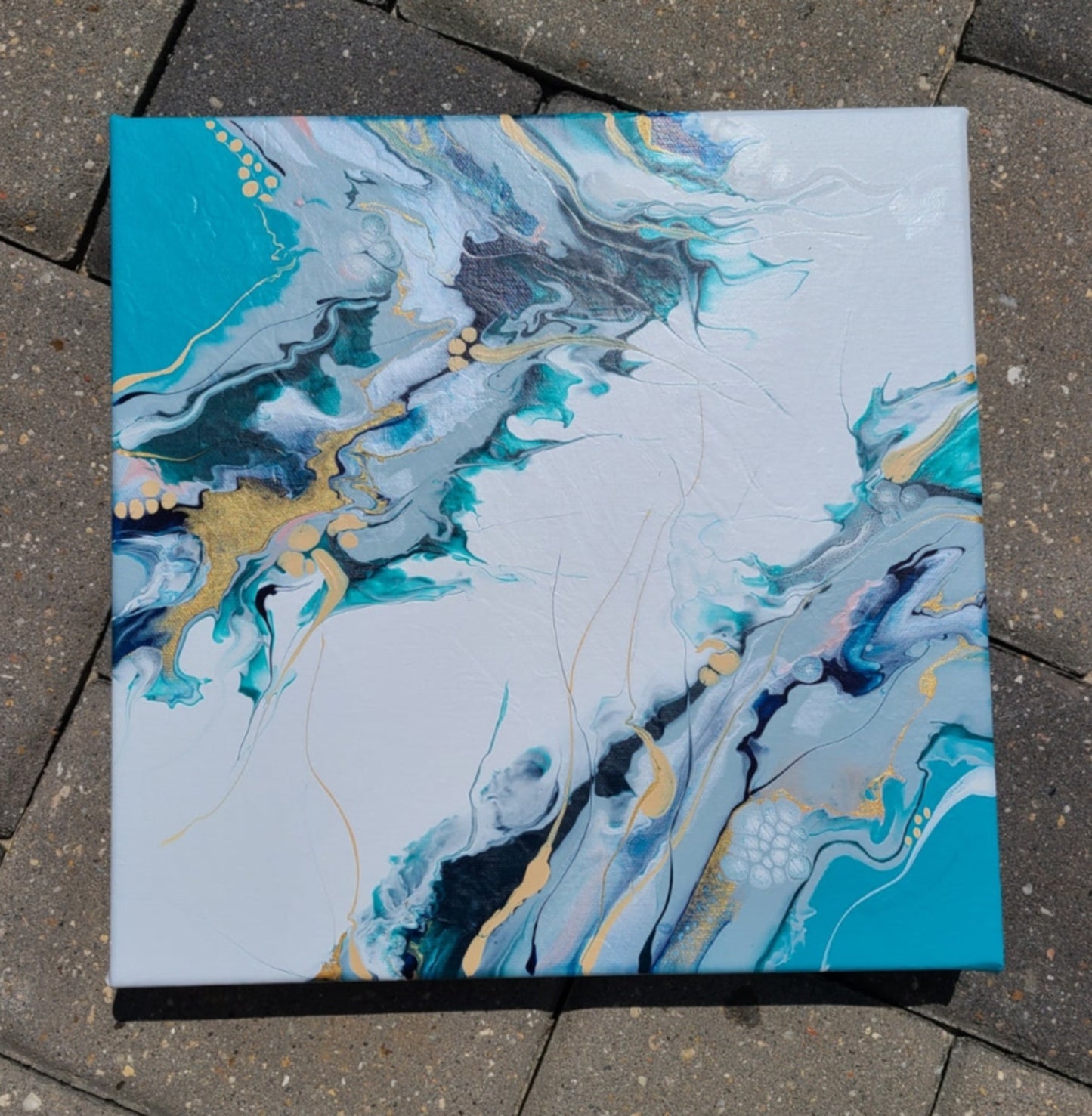 Unique abstract art. Hand Crafted here in Florida. One of a Kind. Acrylic Painting can stand alone or be hung Fingers of color reach out over white negative space to try to come together. Turquoise , Dark Blue and White with accents of shiny Gold and Old Gold Bubbles of Pearls and Gold 12 x 12 x 1.5 inches If you'd like it signed on the back or side, leave a message with the order.