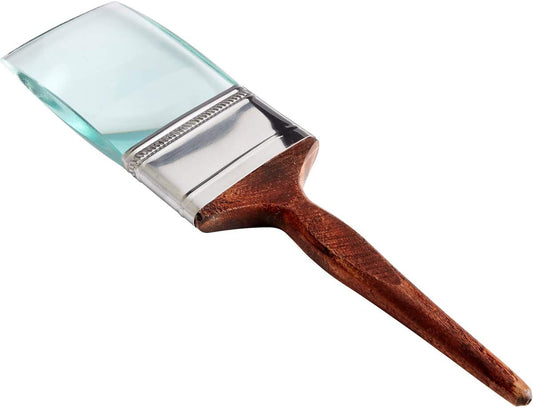 Magnifying Glass that looks like a paint brush. Brush end is the magnifier and has a wood handle just like a pain brush. Handle is brown. Approximately 10.5 inches long and 2.75 inches wide.