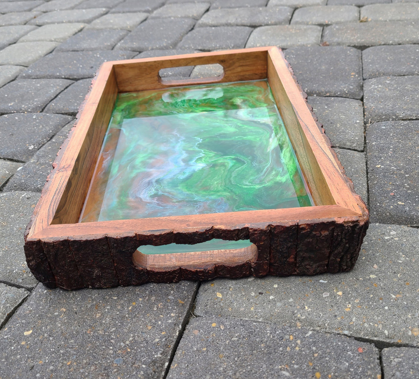 Emerald Waters Wood and Resin Tray, Natural Bark