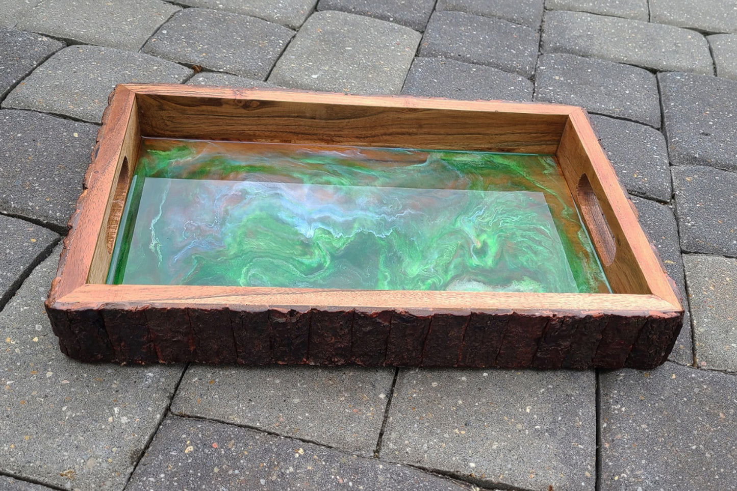Emerald Waters Wood and Resin Tray, Natural Bark