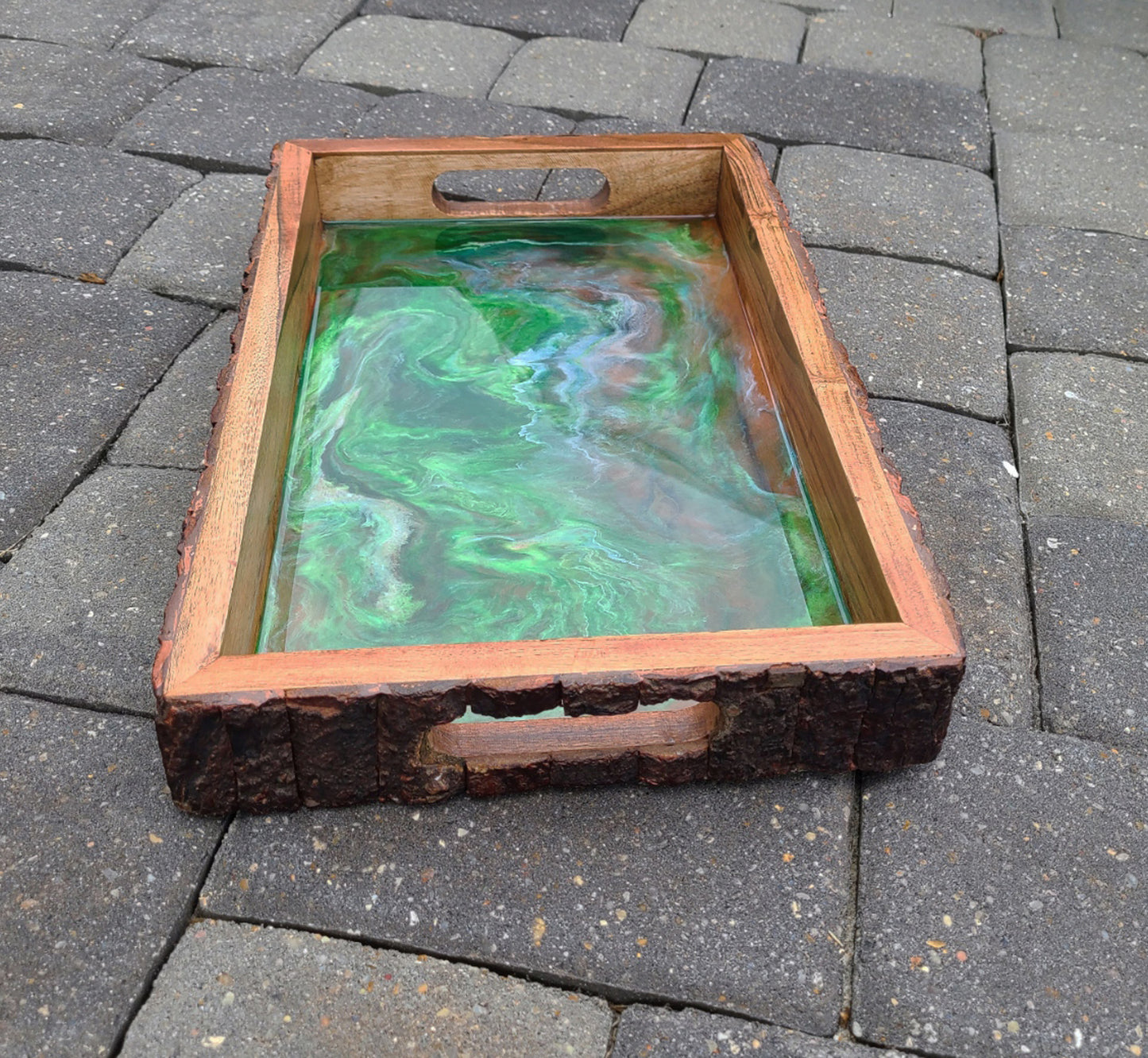 Emerald Waters Wood and Resin Tray, Natural Bark