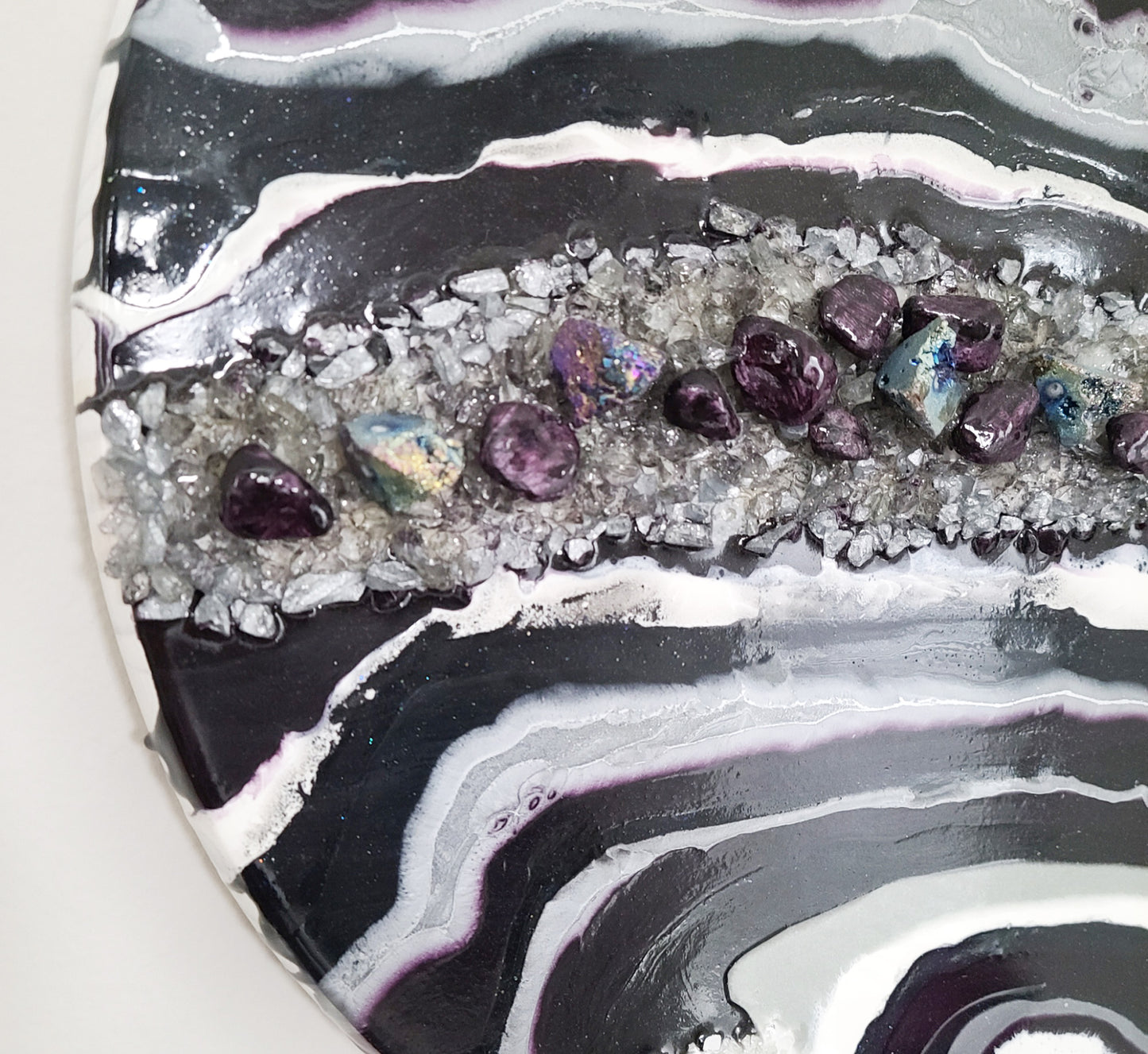 Resin Geode on 18 Inch Round Wood, Purple, Silver, White, Gray