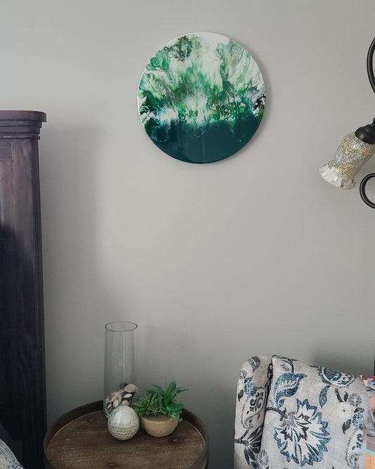 16 inch Round wall art on canvas. Modern Abstract Art. Various shades of green leap up from dark green on the bottom 1/3 of the canvas. Greens, white, gold and gray splashes. Handcrafted by me in Florida. Can be signed on the back if you request it with your order.