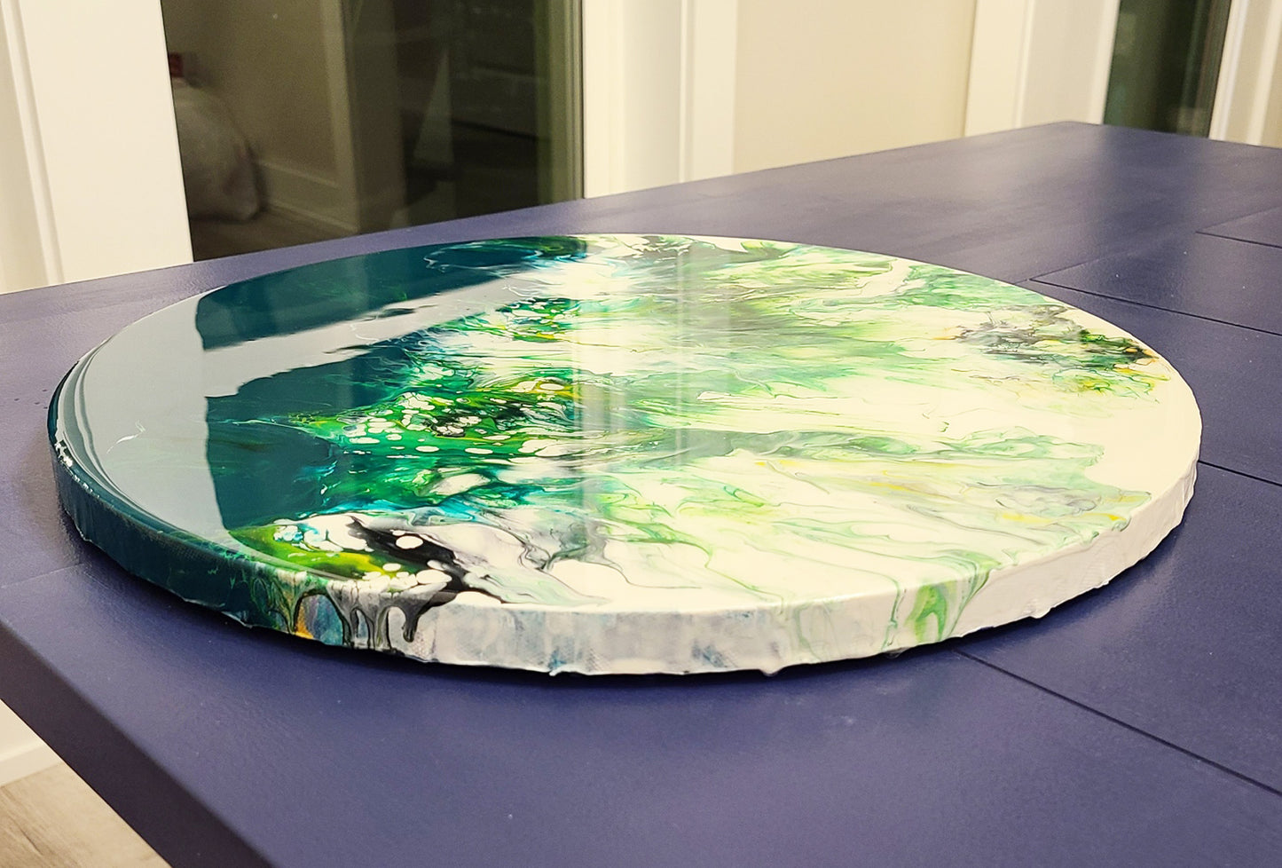 Splash Down, Round Green, White and Gold Acrylic and Resin Wall Art