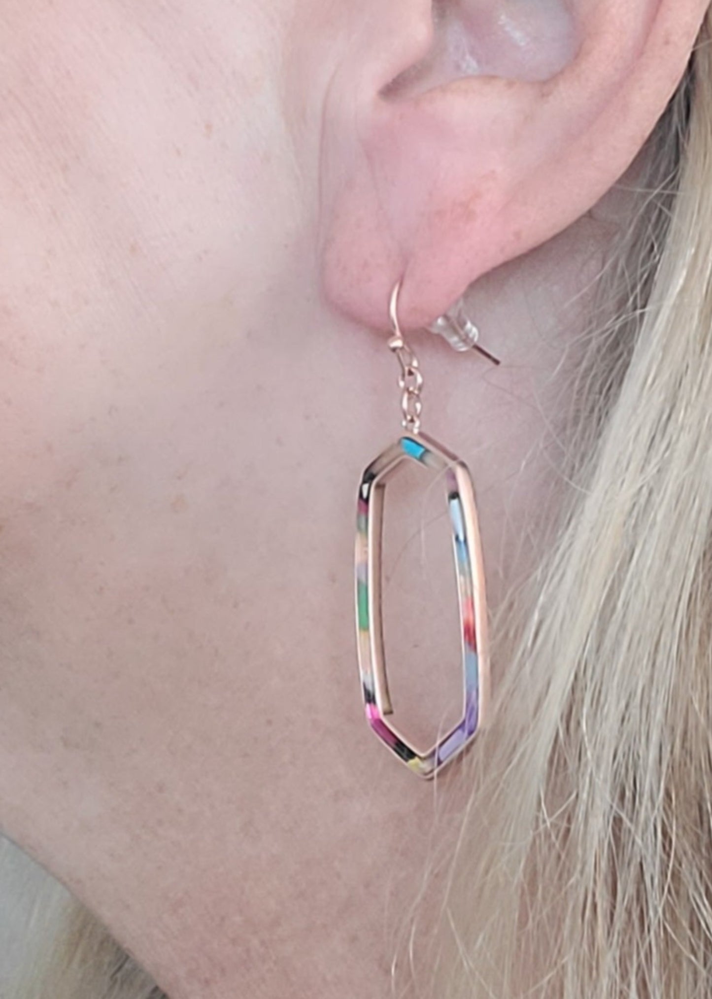 Hexagon Drop Earrings, Rose Gold Tone