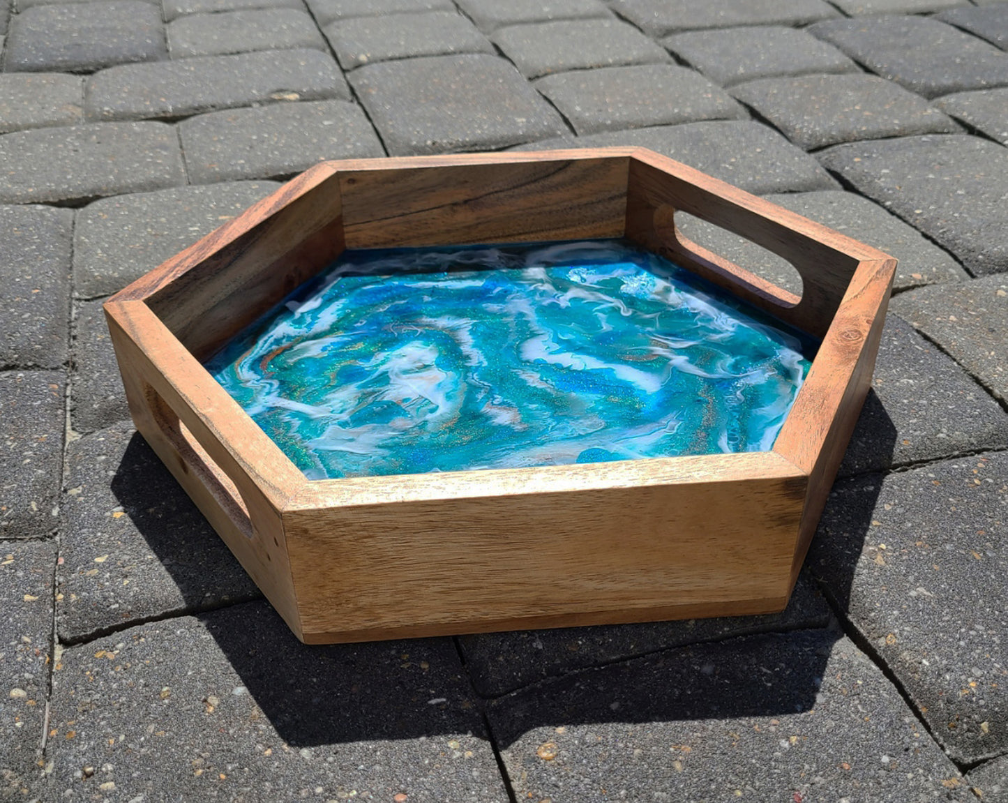 Wood Hexagon Shaped Serving Tray, Turquoise, Teal, Bronze