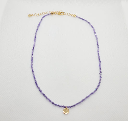 Faceted Purple Crystal Bead Necklace, Gold Tone Disc