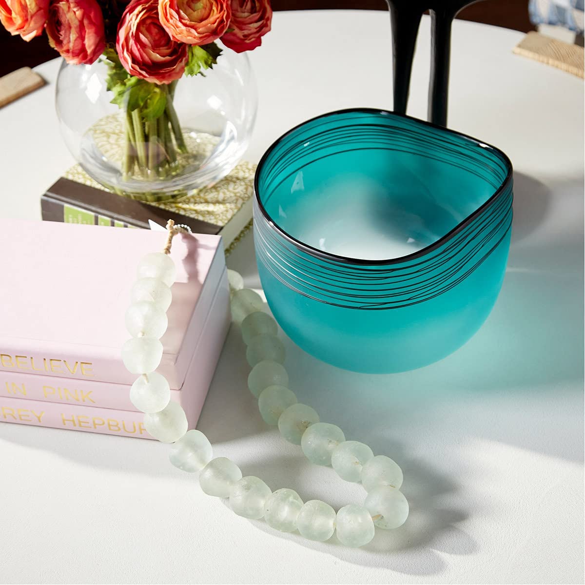 Cyan Design Vase, Kapalua, Turquoise and White With Black Lines