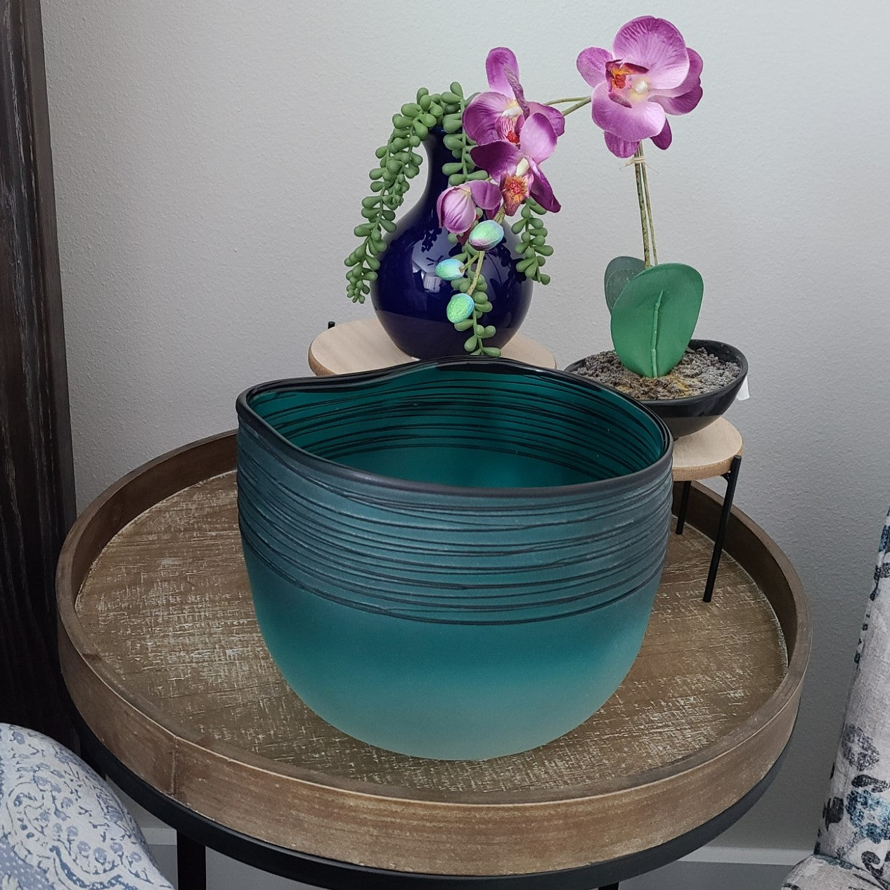 Cyan Design Vase, Kapalua, Turquoise and White With Black Lines