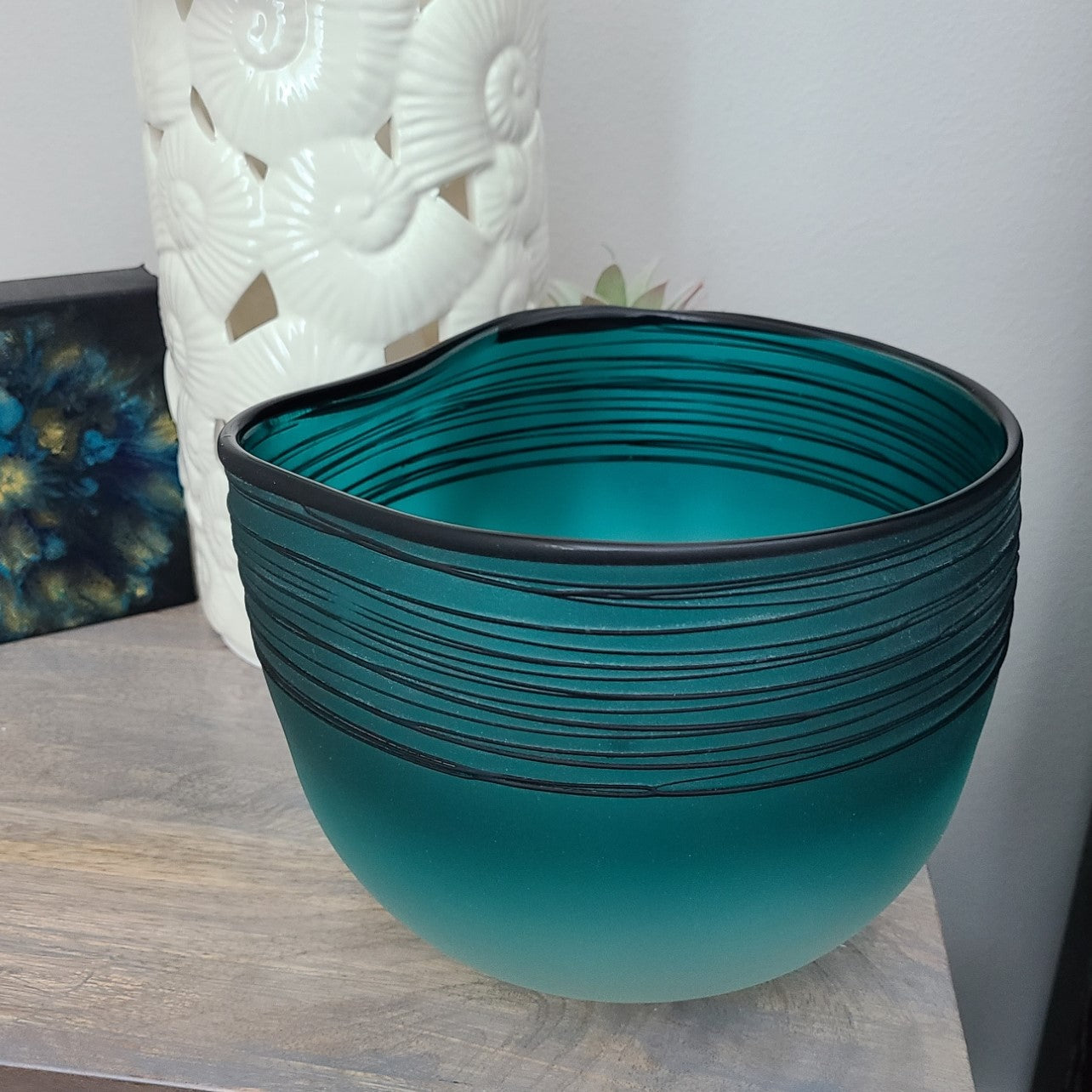 Cyan Design Vase, Kapalua, Turquoise and White With Black Lines