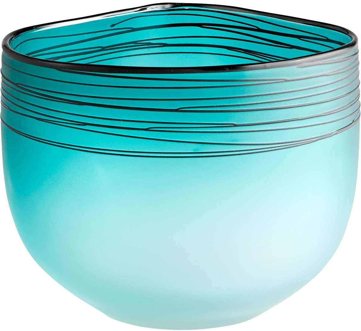 Striking glass vase by Cyan Design. Turquoise color fades to white with thin black lines drizzled around the top band. 8.75 x 7.25 inches. Weight: 6.7 lbs.
