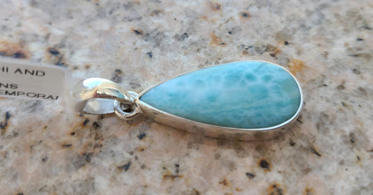 Larimar Pendant, Sterling Silver, Medium Contemporary Teardrop Design