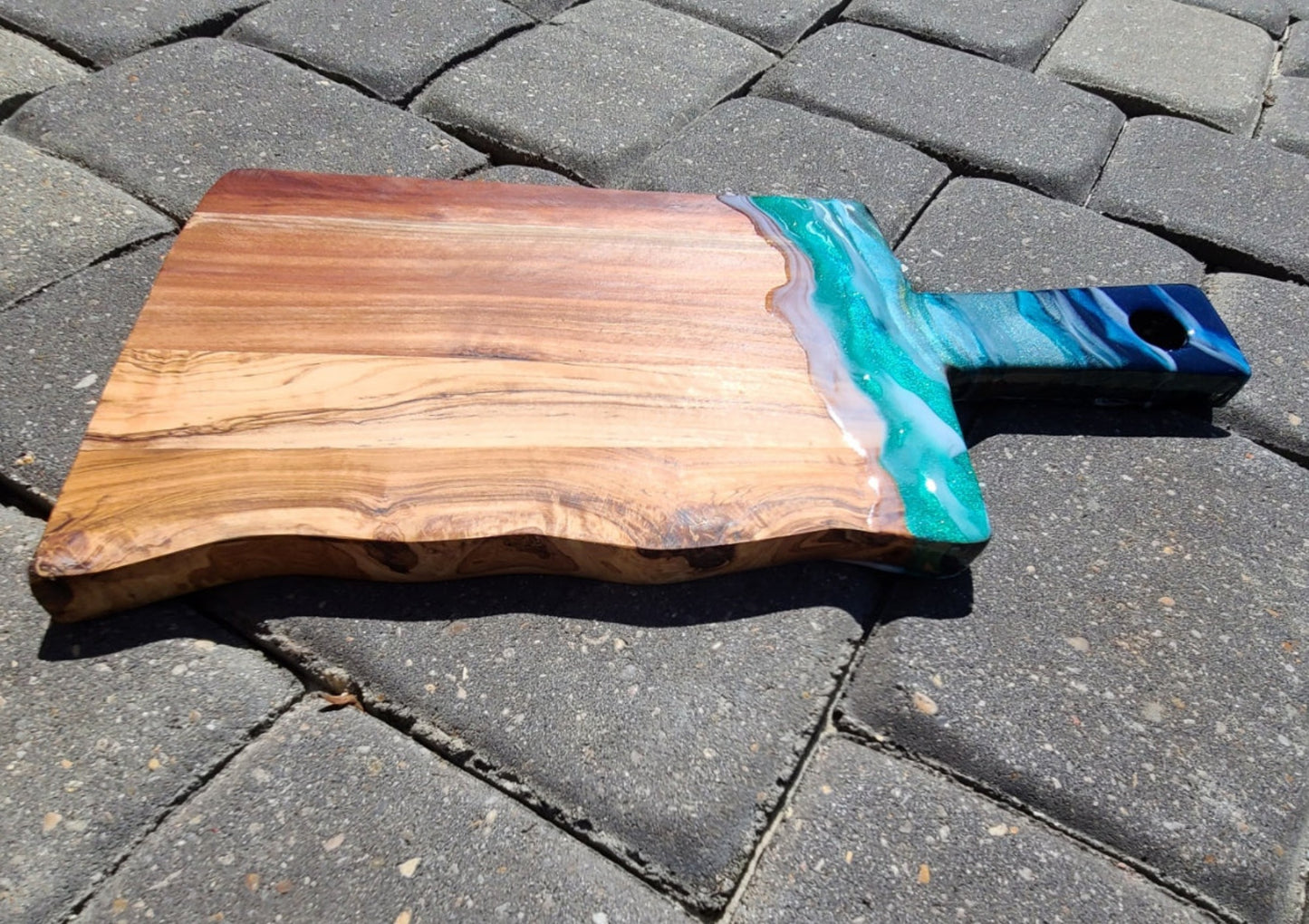 Live Edge Olive Wood Cutting Board With Ocean Accent