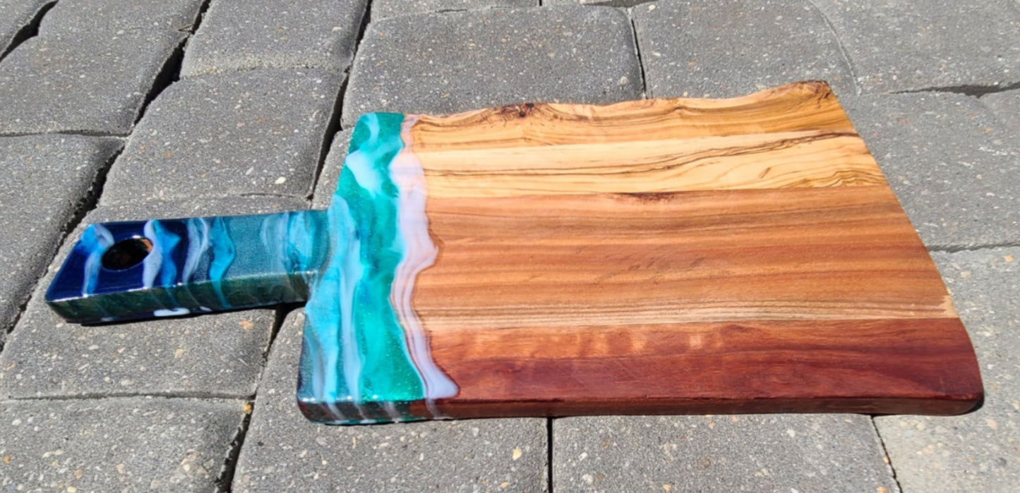 Live Edge Olive Wood Cutting Board With Ocean Accent