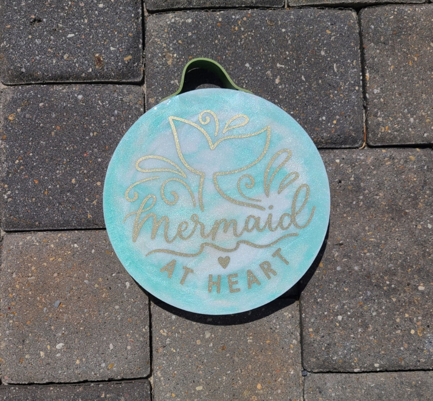Mermaid at Heart, 8 Inch Wood Round With Leather Hanger