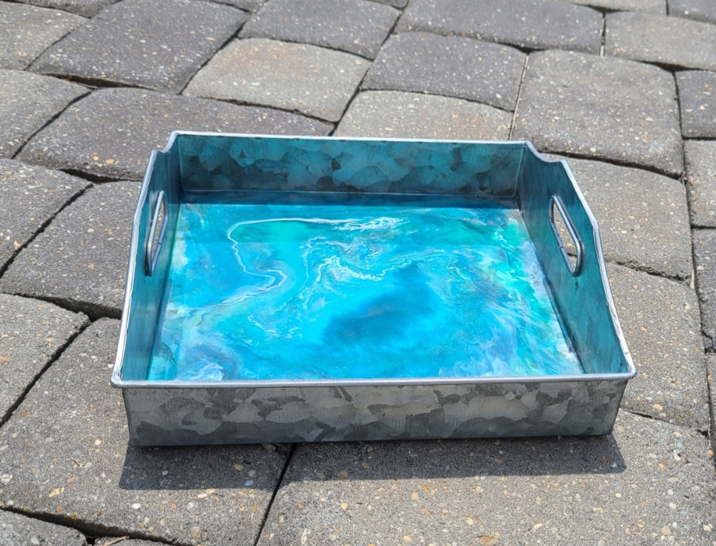Lightweight Metal Tray With Resin, Deep Blue Vortex, Square