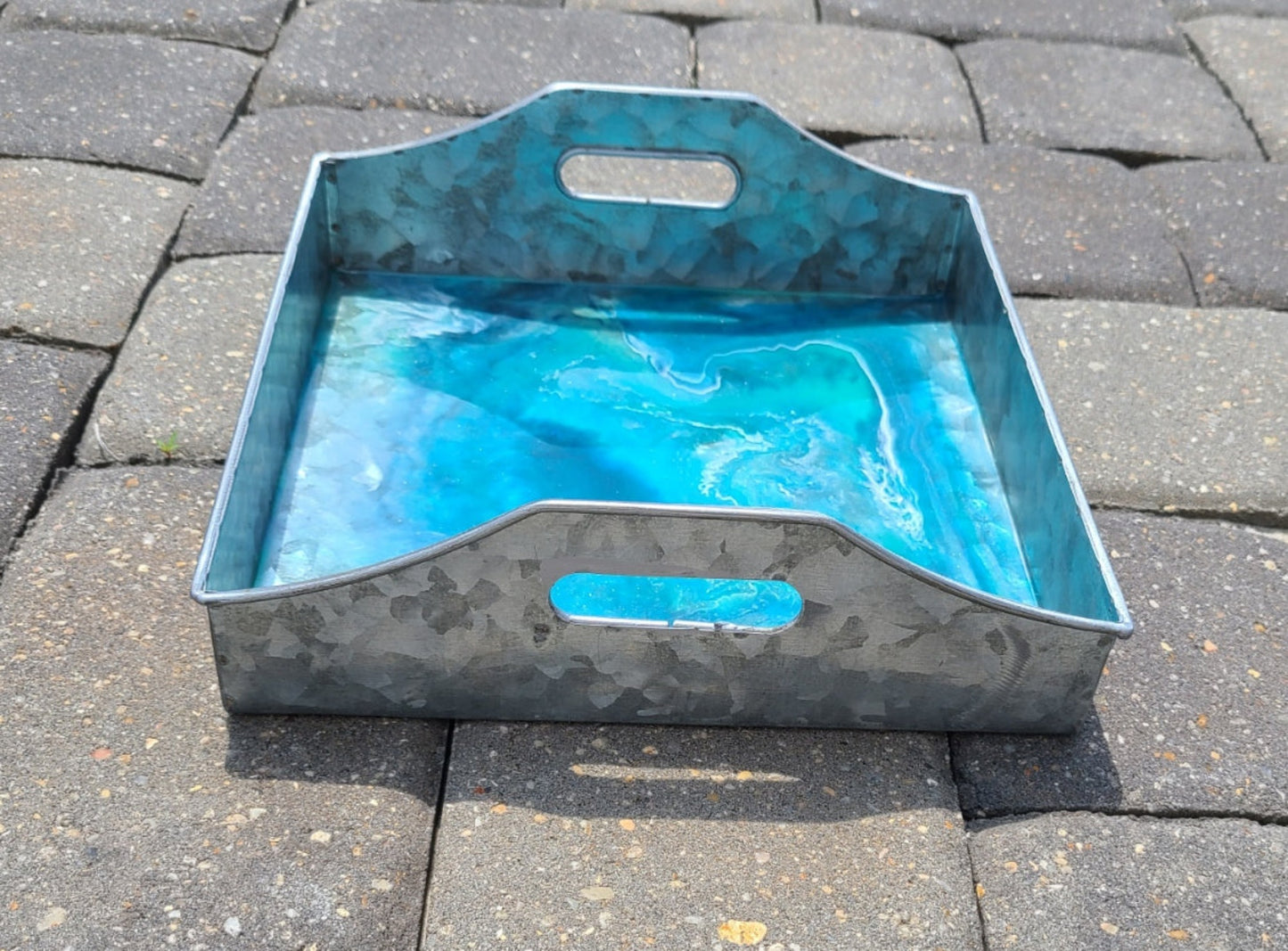 Lightweight Metal Tray With Resin, Deep Blue Vortex, Square