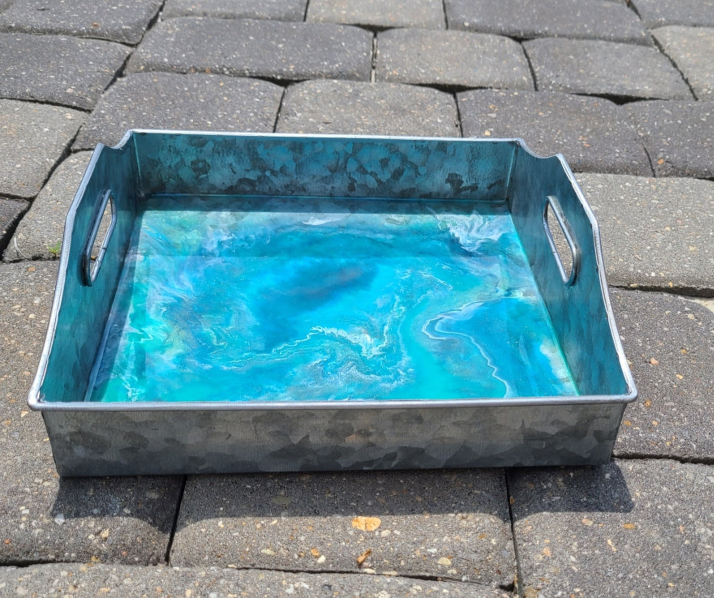 Lightweight Metal Tray With Resin, Deep Blue Vortex, Square