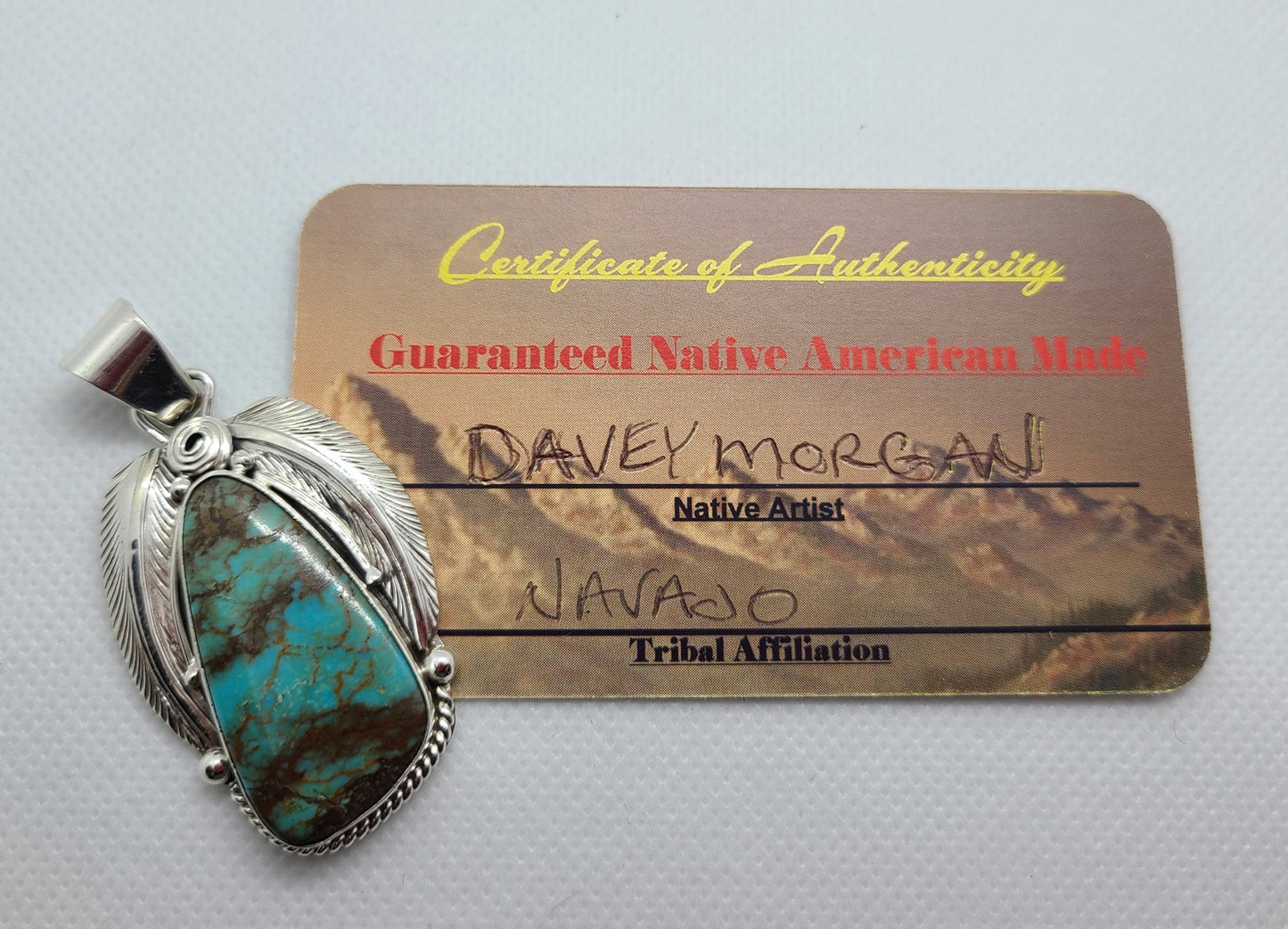 Large Navajo Kingman Turquoise Pendant, Two Feathers, Sterling