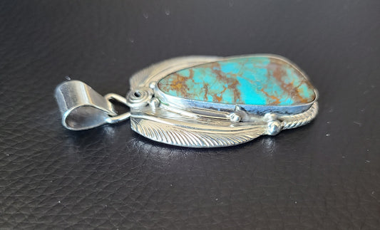 Large Navajo Kingman Turquoise Pendant, Two Feathers, Sterling