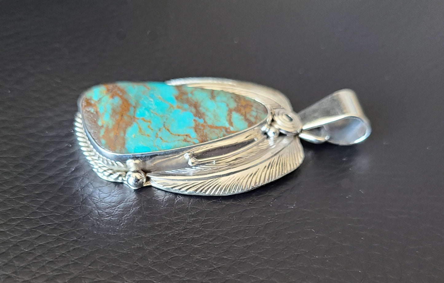 Large Navajo Kingman Turquoise Pendant, Two Feathers, Sterling
